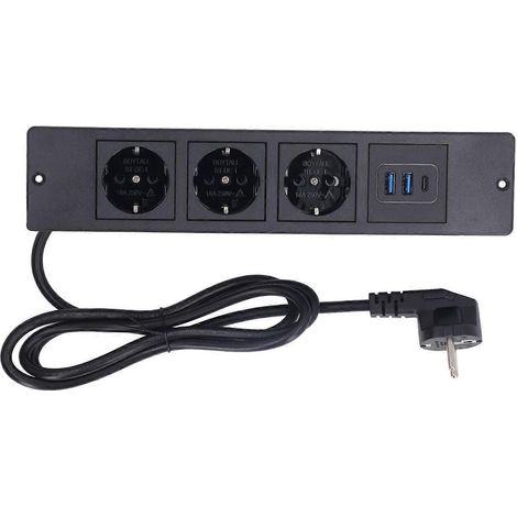Einbau-Steckdosenleiste mit 3 Steckdosen, 2x USB-A, 1x USB-C PD, 20-W-Anschlüssen, Tischsteckdose mit 1,5 m Kabel, Standard 230 V