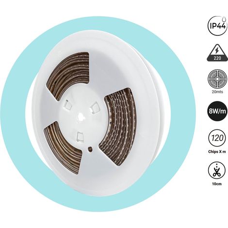 Bande LED 220V AC - Monocouleur - 8W/m - 6.5mm - IP44 - 20