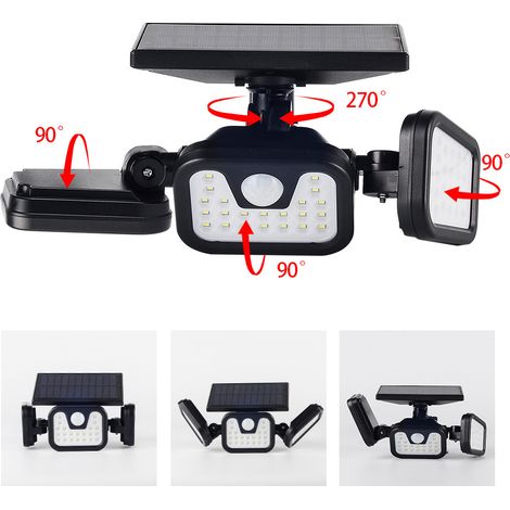 Lumière murale solaire étanche pour extérieur, lampe de jardin et cour avec capteur de mouvement, tête orientable, trois lumières