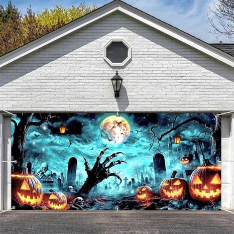 1 Bannière de porte de garage, motif citrouille et crâne, toile imperméable, décoration extérieure et intérieure pour Halloween (1/5)