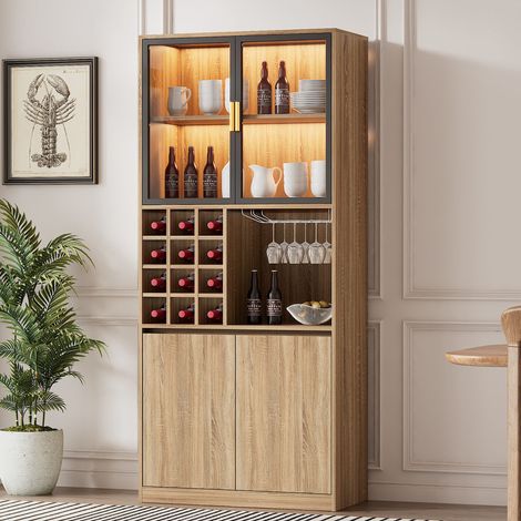 Mobile vetrina da bagno in MDF naturale con ante in vetro e illuminazione LED 180 cm (1/5)
