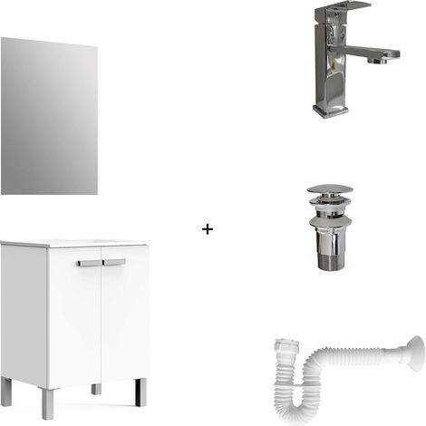 Solution complète Comprend : Meuble de Salle de Bain, lavabo en céramique, Robinet, Siphon Extensible et vanne de vidange. Meuble assemblé. Livré Tout en Un. avec Miroir 60 cm Blanc (1/5)