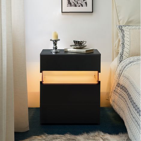 Comodino 3 cassetti nero in legno ingegnerizzato con LED RGB e pannello acrilico (1/5)