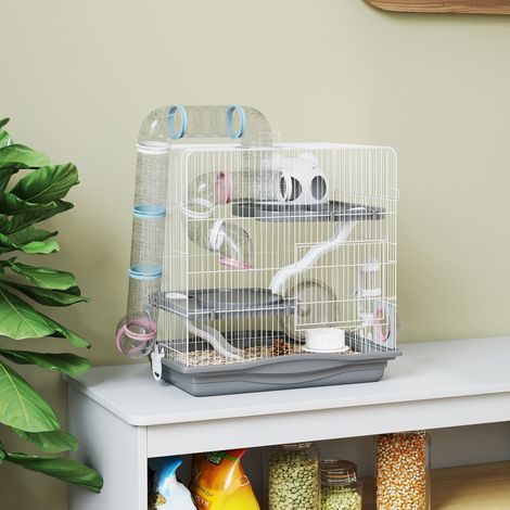 Cage hamster, cage rongeur à 3 niveaux, roue d'exercice, tunnel, gamelle, niche et rampe d'accès, 45 x 30 x 45 cm, gris (1/5)