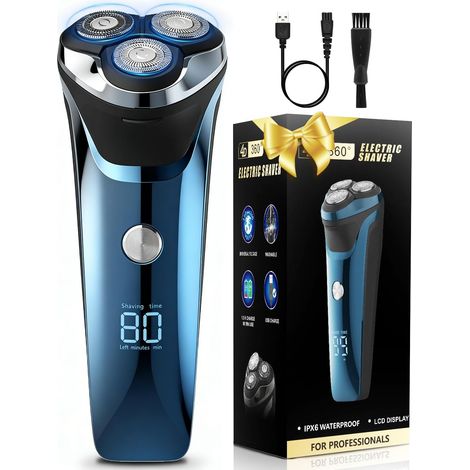 Rasoir électrique pour homme avec écran LCD, tête de rasage 4D, étanche IPX7 pour un rasage sur peau sèche ou humide, rasoir à barbe rechargeable par USB avec tondeuse rétractable, rasoir sans fil (bl