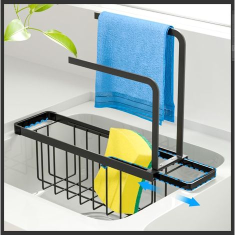 Support d'évier télescopique en acier inoxydable,porte-éponge et support de rangement avec 2 barres,égouttoir et support de vidange pour cuisine,organisateur d'évier (1/5)