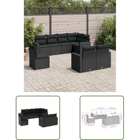 The Living Store 8-tlg. Garten-Sofagarnitur mit Kissen Schwarz Poly Rattan - Gartensofas - Outdoor Möbel - Gartenmöbel Set - Lounge Sofa - Rattan Gartenmöbel (1/3)