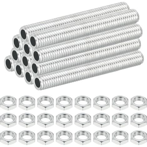 Tige Filetée Creuse M8 Filetage Fin pour Lampe en Acier au Carbone avec Écrou, 12 pcs 60mm Adaptateur de Filetage Tube Creux, Matériel Fixation pour Lampes, Placage de Zinc Blanc (1/5)