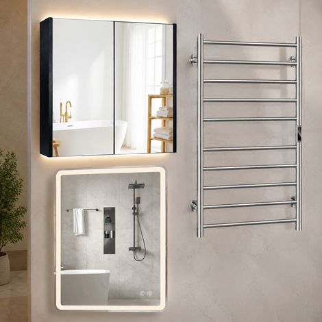 Beheiztes LED-Badezimmer-Set (3-teilig) – beschlagfreier Spiegel, Handtuchwärmer mit 10 Bar und schwarzer Spiegelschrank (1/5)