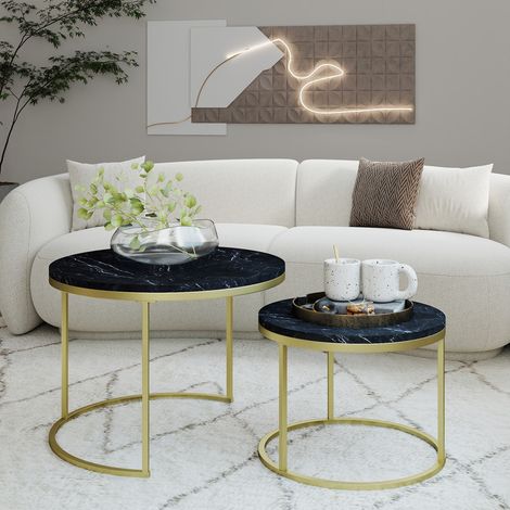 Couchtisch Marmoroptik, Beistelltisch für Wohnzimmer, Durchmesser 80 + 60 cm, Großer runder Tisch, MDF, Tischplatte schwarz mit Rahmen goldfarben (1/5)