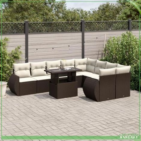 Salon de jardin - Ensemble modulable 10 pcs - Résine tressée marron - Table réglable - Coussins déhoussables (1/5)
