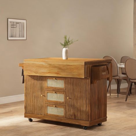 Table roulante pliante 95 cm avec tiroirs en rotin brun classique (1/5)