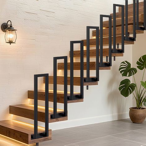 Randaco 75 cm nero Ringhiera per scale a forma di U in ferro Corrimano Ringhiera, ringhiera in ferro per interni ed esterni Universale Montaggio laterale
