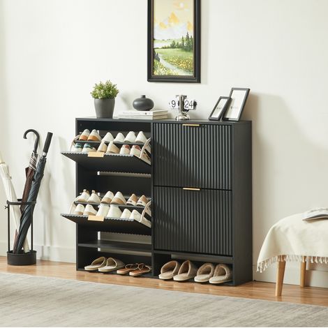 MEUBLIV Schuhschrank 120 x 24 x 102 cm schwarz – verstellbare Regalböden und Kippsicherung (1/5)