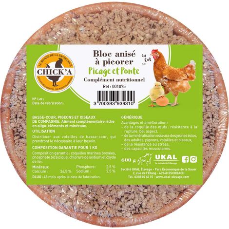 Chick'A – Bloc à picorer complément alimentaire 600 g – Riche en oligo-éléments et minéraux – Pour volailles de basse-cour et pigeons
