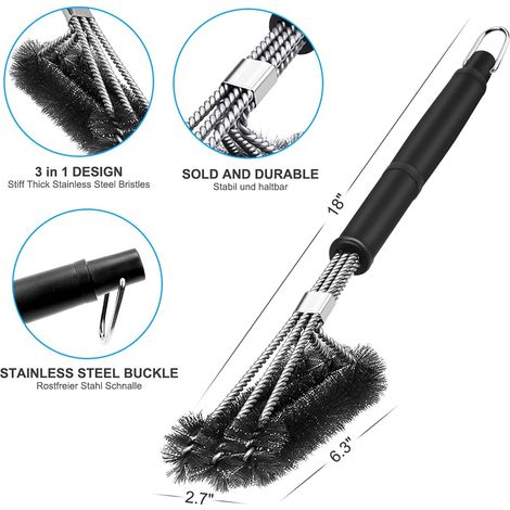 Aiducho – Brosse de nettoyage barbecue 3 en 1 – Poils acier inoxydable – Longue poignée 43.3 cm – Nettoyage rapide et efficace des grils