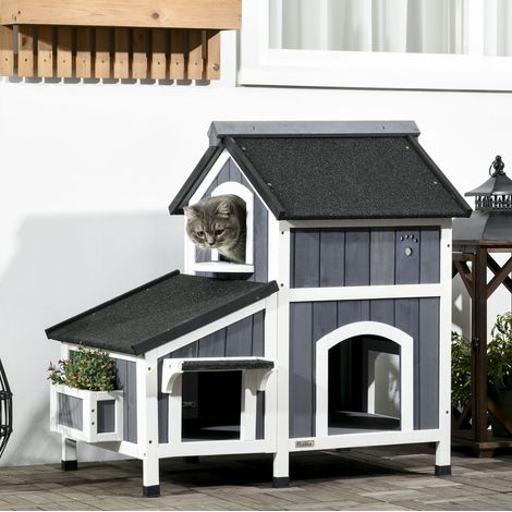 Maison pour chat extérieure 2 étages en bois, toit en bitume, 96 x 65 x 85,5 cm, grise HAVRYA (1/5)