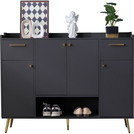 Meuble à chaussures avec 2 tiroirs et 4 portes – Étagère à chaussures avec pieds métalliques, noir, dimensions : L130 × P37 × H100 cm