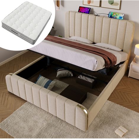 Cama canapé tapizada 140x200 cm con colchón H3, cabecero con USB/Type-C, lino beige, somier de láminas (1/5)