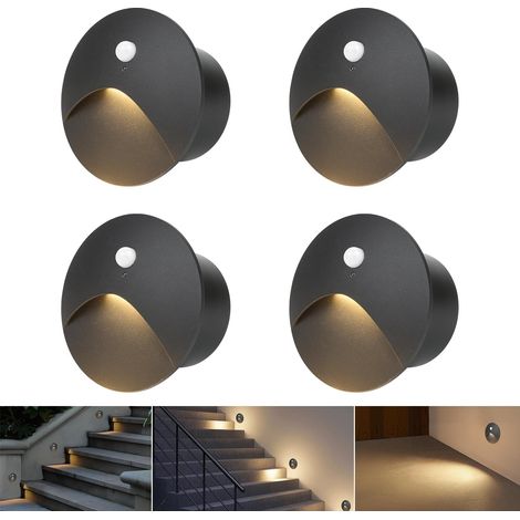 Applique murale 4 LED Blanc chaud 3000K Aluminium Lumière d'escalier 230V Rond Spot encastré 3W IP44 Etanche Intérieur Extérieur Noir Lumière de marche, avec boîte d'encastrement