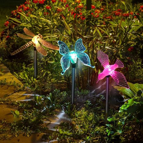 Lot de lampes solaires LED multicolores changeantes Libellule, papillon, colibri Piquet extérieur pour fêtes, pelouse, patio, éclairage de chemin (1/5)