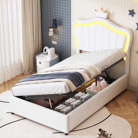 Cama individual con almacenaje LED polipiel 90x200 cm OKMYHOME (1/5)