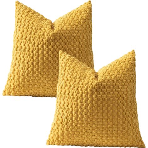 Housse Oreiller Velours - Motif Géométrique - Fermeture Éclair Cachée - 50x50 cm - Jaune Doré - Lot de 2