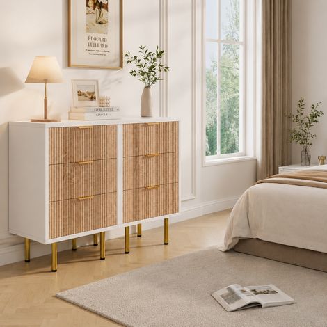 Table de chevet ondulée 40×40×65cm, lot de 2,meuble de rangement de chambre, 3 tiroirs, placard de rangement, anti-basculement, pieds en métal, style moderne, pour chambres et salons, Bois, Blanc (1/5)