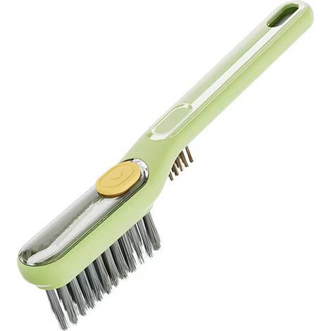 Brosse de nettoyage multifonctionnelle 2 en 1 pour carrelage de salle de bain, remplie de liquide, à poils durs et verte. (1/5)