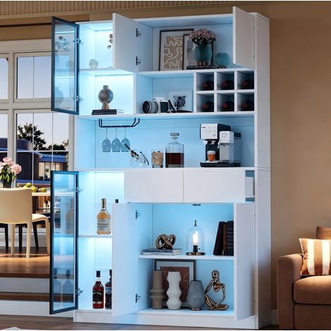 Vitrina/aparaador 120x33x200 cm con LED, 6 puertas, 2 cajones y nichos abiertos, madera blanca para salón (1/5)