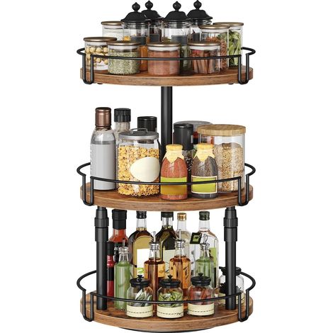 Étagère à Épices Rotative 3 Niveaux, Porte-Épices, Étagère de Rangement de Cuisine, Hauteur Réglable, Support à Épices, pour Cuisine, Salon, Salle de Bain, Marron Rustique et Noir (1/5)