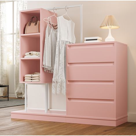 Armario ropero con cajones y barra para colgar, 140 x 40 x 135 cm, rosa y blanco HAVRYA (1/5)