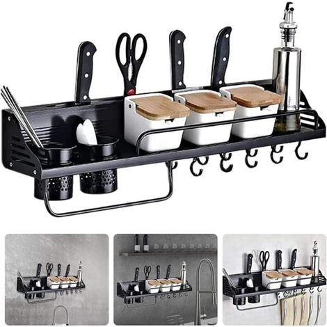 Étagère murale à épices de cuisine avec 10 crochets - Étagère de cuisine - Support de cuisine - Support à épices - 80 cm - En métal - Noir (SKU produit : 94940151  SKU Offre : lehuamwj773) (1/4)