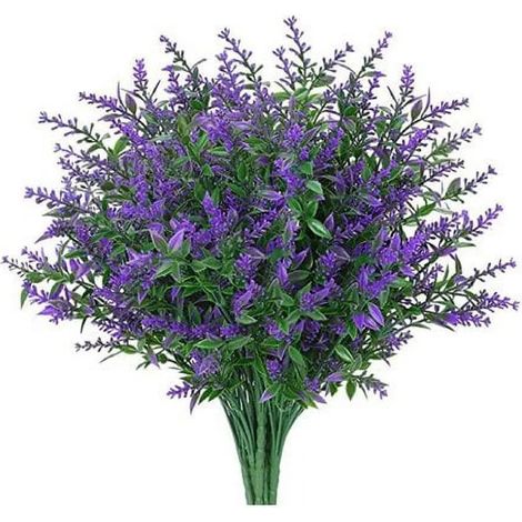 8 bouquets de fleurs artificielles, fausses plantes d'extérieur, fleurs de lavande artificielles résistantes aux UV, décorations intérieures et extérieures en plastique (violet) (1/5)