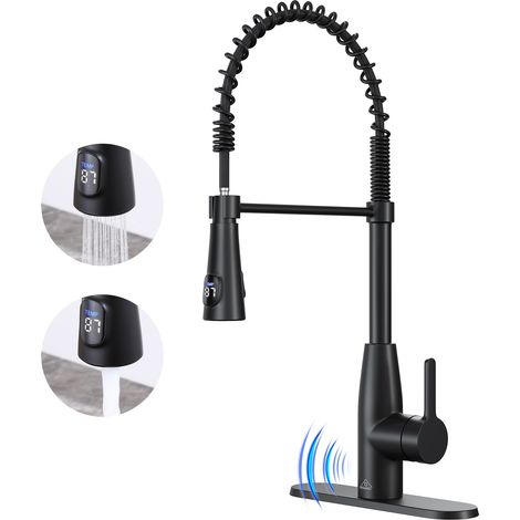 Robinet de cuisine à double commande thermostatique avec affichage numérique, noir mat, poignée unique, montage sur plage, douchette (plaque de montage incluse) (1/4)