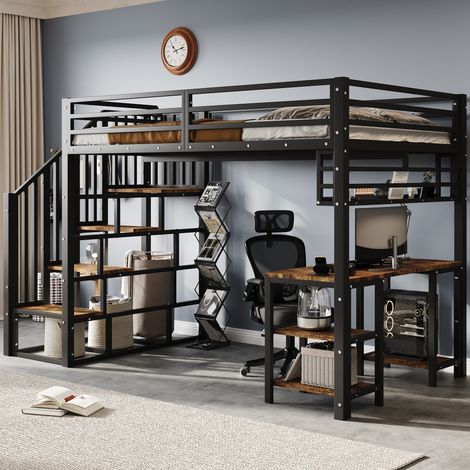 MODFU – Letto a soppalco per bambini 120x200 cm in metallo nero/noce con scrivania, mensola e scala di sicurezza – Nero/noce (1/5)