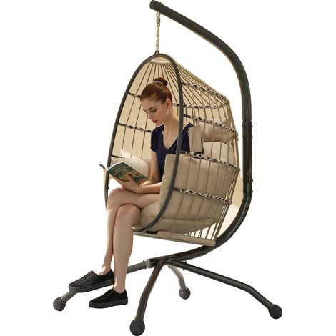 Chaise œuf suspendue avec support, hamac balançoire pliable, hauteur réglable, noir (1/2)