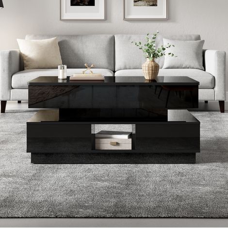 Couchtisch MDF Schwarz 90 cm, höhenverstellbare Tischplatte, Steckdose, LED und Stauraum (1/5)