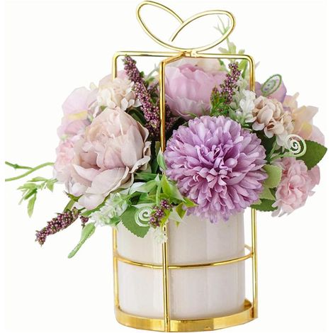 Fleurs artificielles, fausses pivoines en soie, hortensias avec vase, composition florale décorative pour mariage et décoration de table (violet avec-AquaForge (1/4)