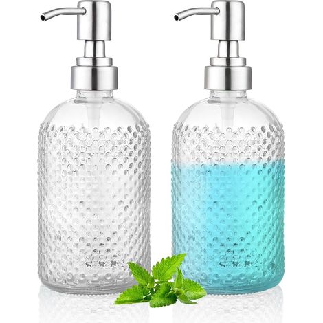 2 tarros gruesos y transparentes de 350 ml, bomba de acero inoxidable, rellenables, para cocina/baño.