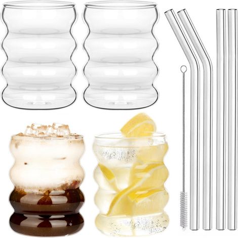 4er Set 300ml Wellenglas Becher mit Glasstrohhalmen, gerippte Trinkgläser für Kaffee, Cocktails