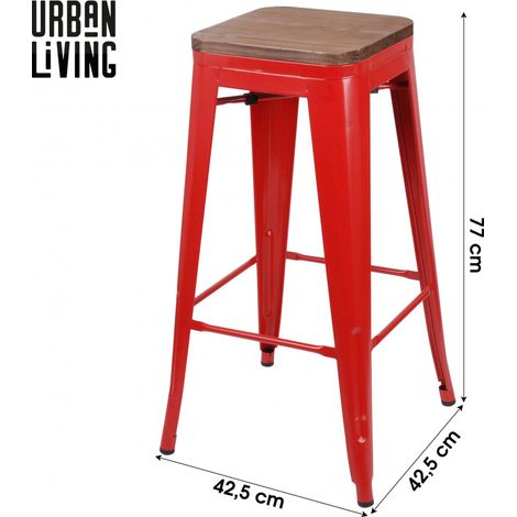Tabourets de bar vintage carré en métal - Rouge et bois - Rouge et bois - L 42.5 x P 42.5 x H 77cm - Livraison gratuite