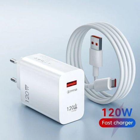 Chargeur USB 120 W Quick Charge QC3.0, câble USB-C, chargeur de téléphone portable compatible Huawei, Samsung et Xiaomi, charge rapide, blanc, UE, 10 A (1/4)
