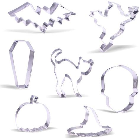 Großes Halloween-Ausstechformen-Set – 7-teilig – Geist, Gruselkatze, Totenkopf, Fledermaus, Sarg, Kürbis, Hexenhut – Edelstahl (1/4)