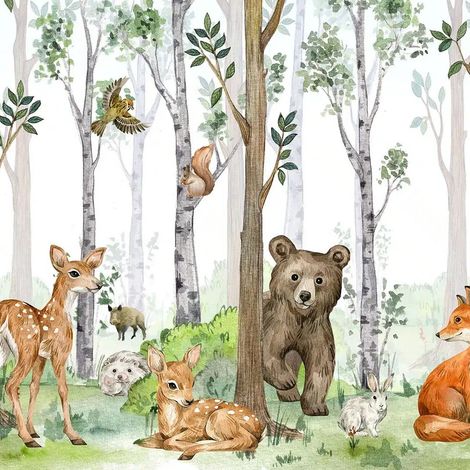 papier peint panoramique animaux de la forêt vert et marron  - Sanders & Sanders (1/5)