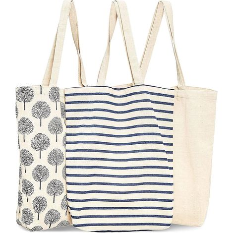 Lot de 3 sacs cabas réutilisables en coton pour faire les courses, 3 motifs différents, 38 x 42 x 9 cm (1/5)