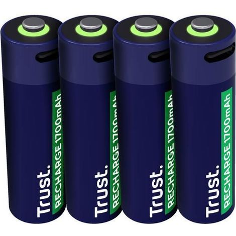 Trust Akkus AA USB-C 4 Stück, integrierter USB-C Anschluss, kein Ladegerät erforderlich de Akku, hohe Kapazität 1700 mAh, Aufladen mit Kabel USB Inklusive/Ladegerät de Telefon, Pack de 4 (1/5)