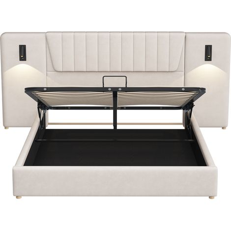 Polsterbett 180x200 cm mit USB-Leselampen und hydraulischem Stauraum Samt Beige MODENUIT (1/5)