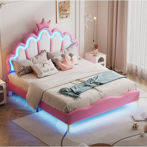 Cama matrimonio LED tapizada PU 140x200 rosa HAVRYA (1/5)