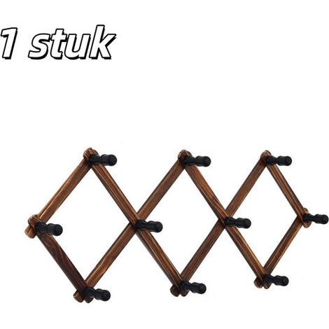 pièce - Porte-manteau - Style accordéon - Porte-chapeau mural - Télescopique - Bois - Avec 10 crochets - Convient pour accrocher manteaux, casquettes, clés et tasses - Marron (1/5)